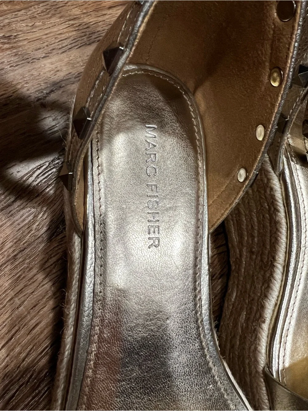 Marc Fisher Silver Espadrille Wedge Sandals with Studded Ankle Straps